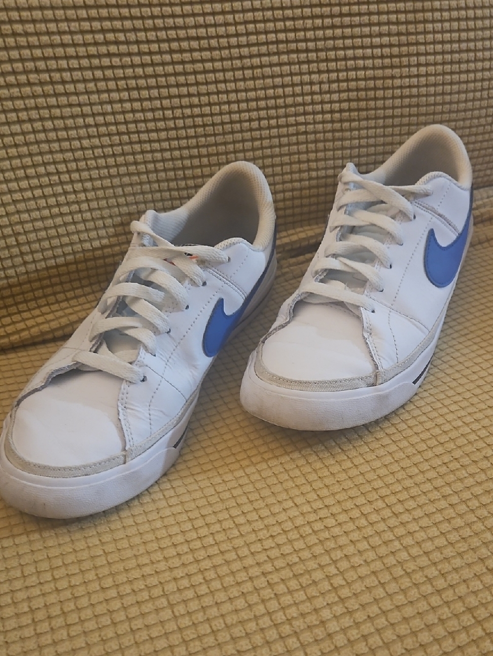 Nike White Low-Top Sneakers with Blue Swoosh, 6.5Youth. Worn Just A Few Times.